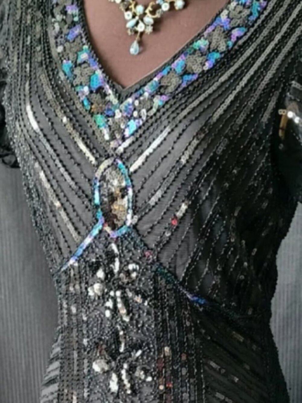 NWOT Vintage-Inspired Black Beaded Fringe Prom/Formal Dress
